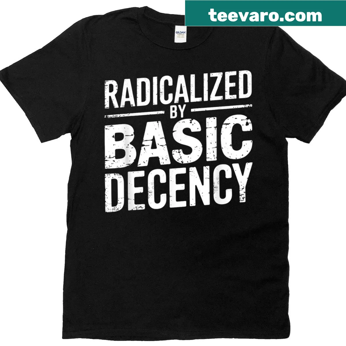 Vintage tee with the quote 'Radicalized By Basic Decency' — on a men's t-shirt