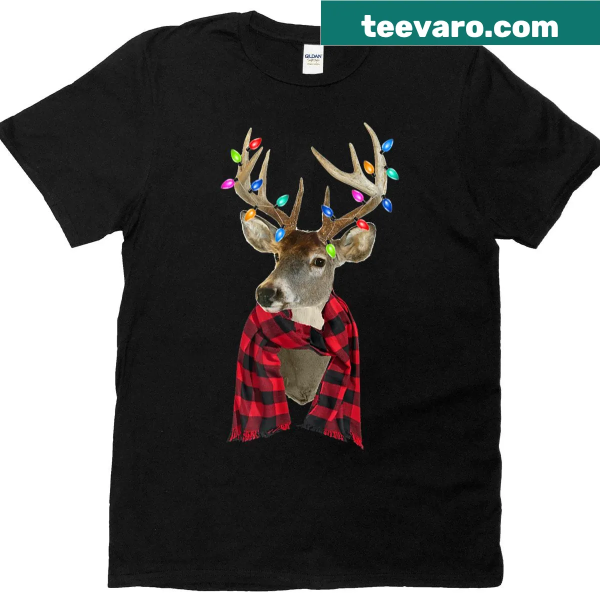Holiday T-shirt with plaid reindeer illustration — on a men's t-shirt