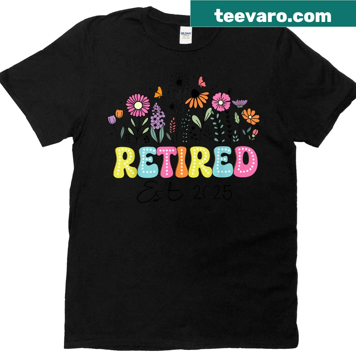 Boho floral retirement t-shirt with 'Retired Est 2025' text for women — on a men's t-shirt
