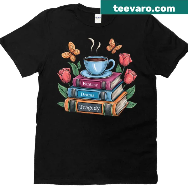 Whimsical bookish reader t-shirt with fantasy and drama themes