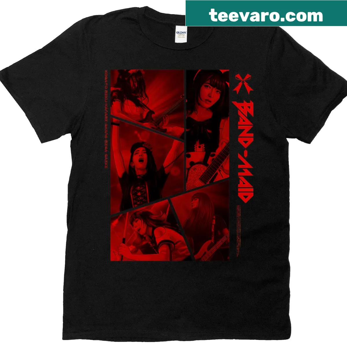 T-shirt honoring rising female rock musicians from Japan with bold lettering — on a men's t-shirt