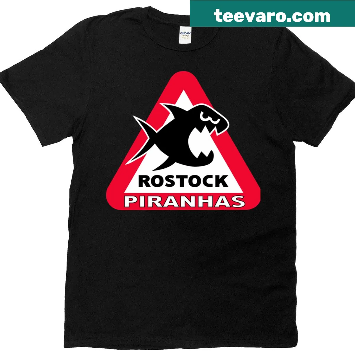 Rostock-piranhas t-shirt featuring a playful piranha graphic — on a men's t-shirt