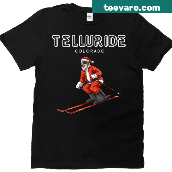 Vintage-style Santa skiing graphic on Telluride Colorado shirt