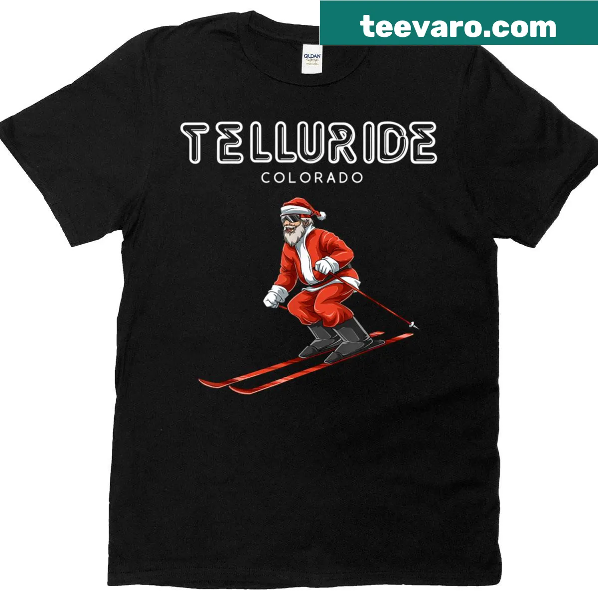 Vintage-style Santa skiing graphic on Telluride Colorado shirt — on a men's t-shirt