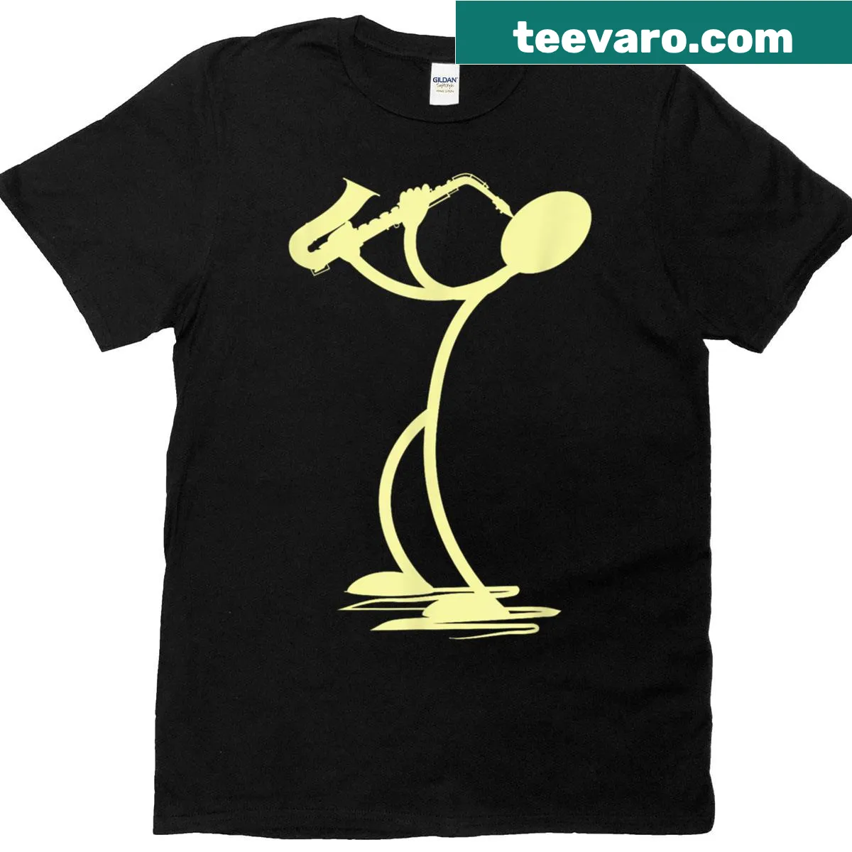 Cartoon saxophone player t-shirt designed for music lovers — on a men's t-shirt