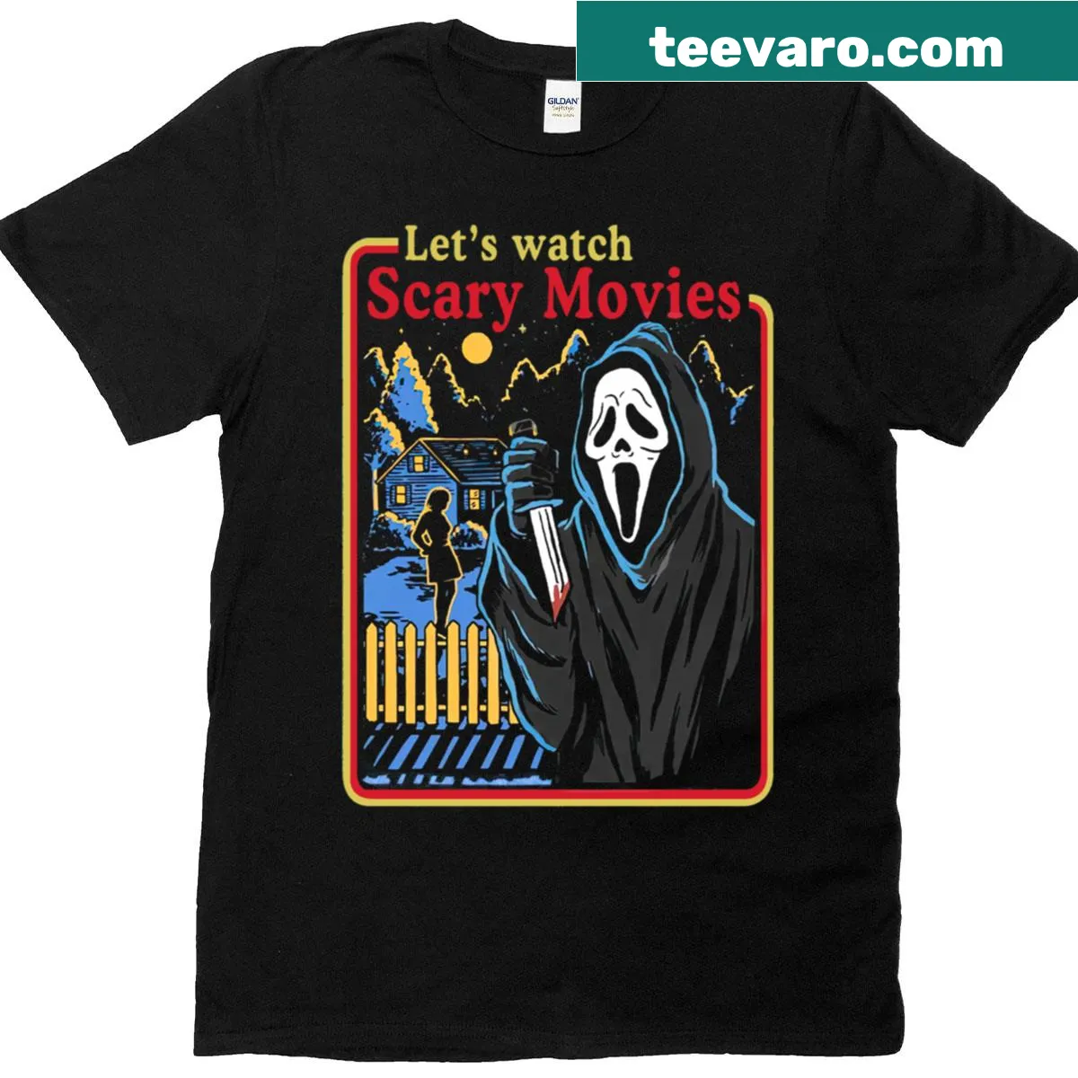 Ghost Face graphic T-shirt inspired by Scream movie — on a men's t-shirt