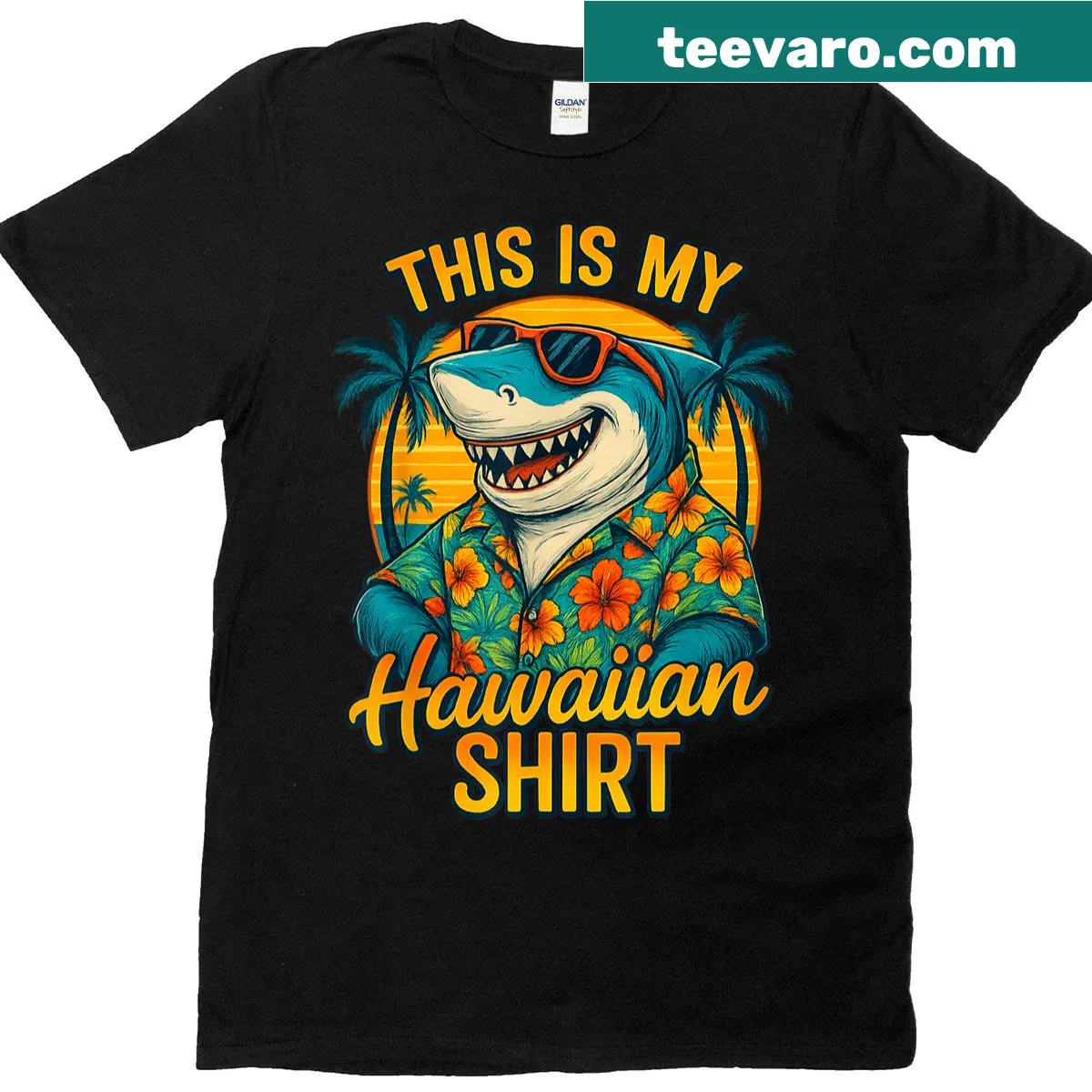 Playful shark Hawaiian t-shirt with tropical luau design — on a men's t-shirt