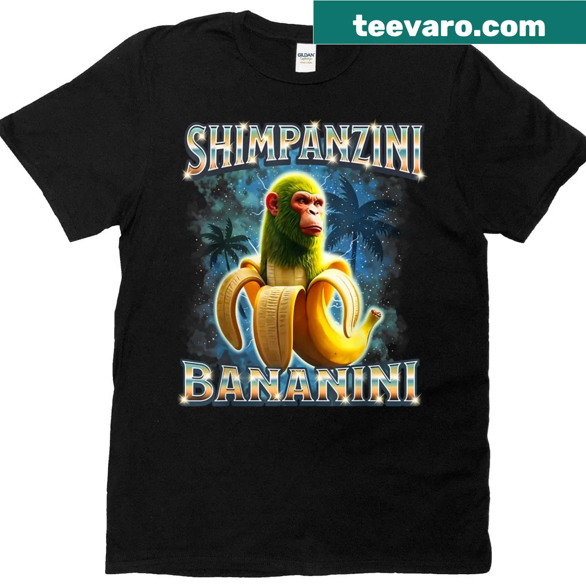 Playful cartoon adventure T-shirt featuring Shimpanzini Bananini — on a men's t-shirt