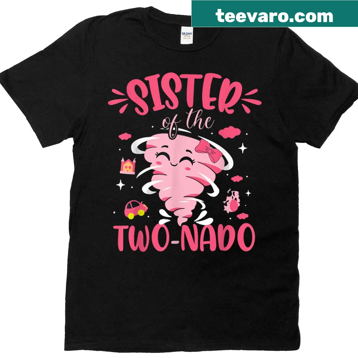 Cartoon-themed birthday t-shirt for a sister turning two with tornado graphics — on a men's t-shirt