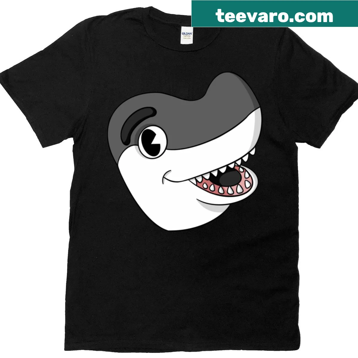 Oversized t-shirt featuring a playful cartoon shark design — on a men's t-shirt