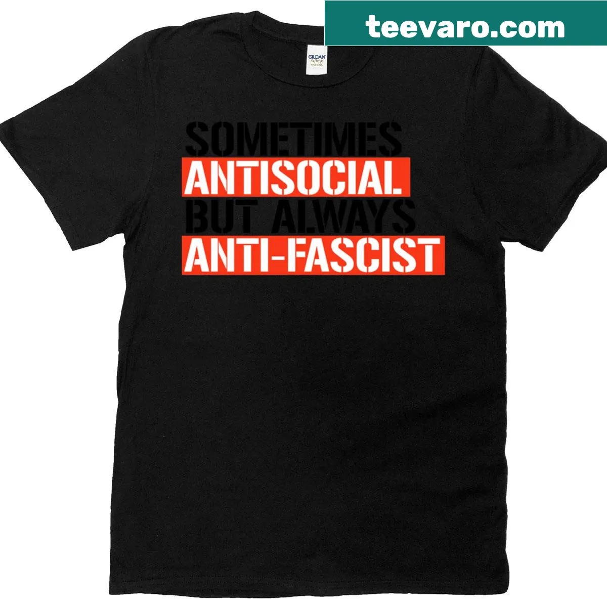 T-shirt featuring a bold message about antisocial behavior and anti-fascism — on a men's t-shirt