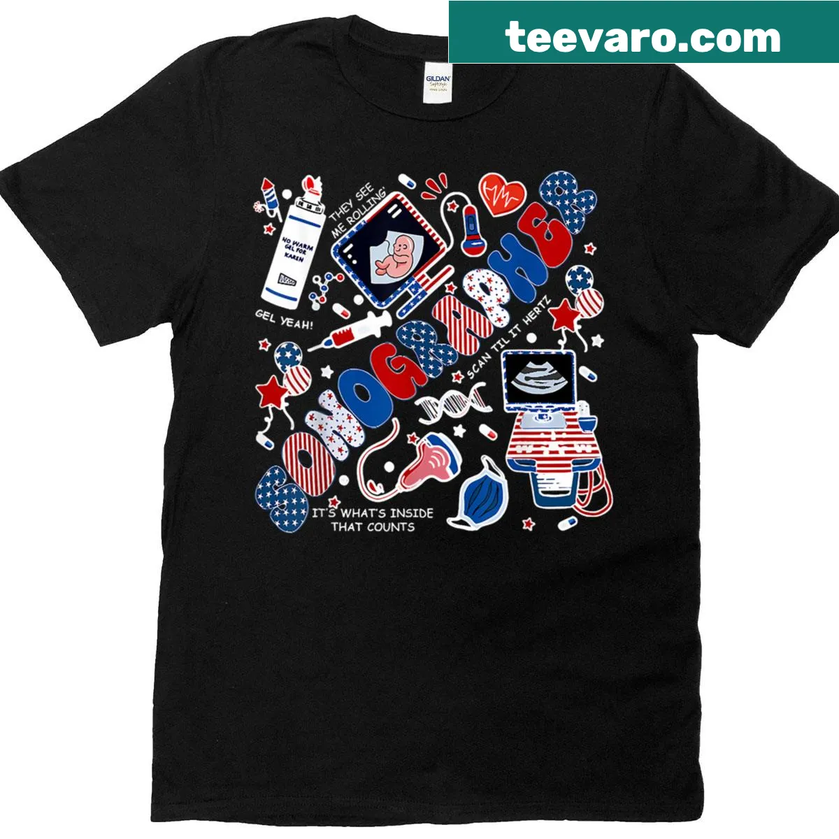 Patriotic sonographer t-shirt for Fourth of July with ultrasound design — on a men's t-shirt