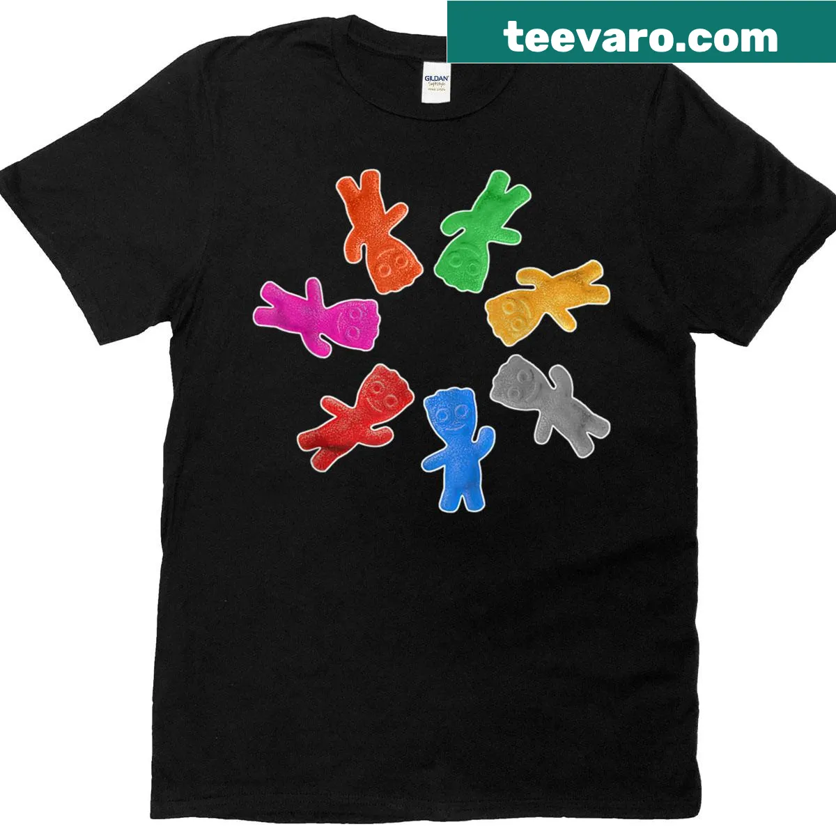 Cartoon-themed t-shirt featuring sour candy characters — on a men's t-shirt