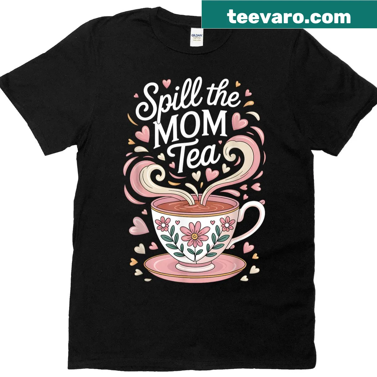 Funny mom t-shirt with the phrase 'Spill The Mom Tea' in bold letters — on a men's t-shirt