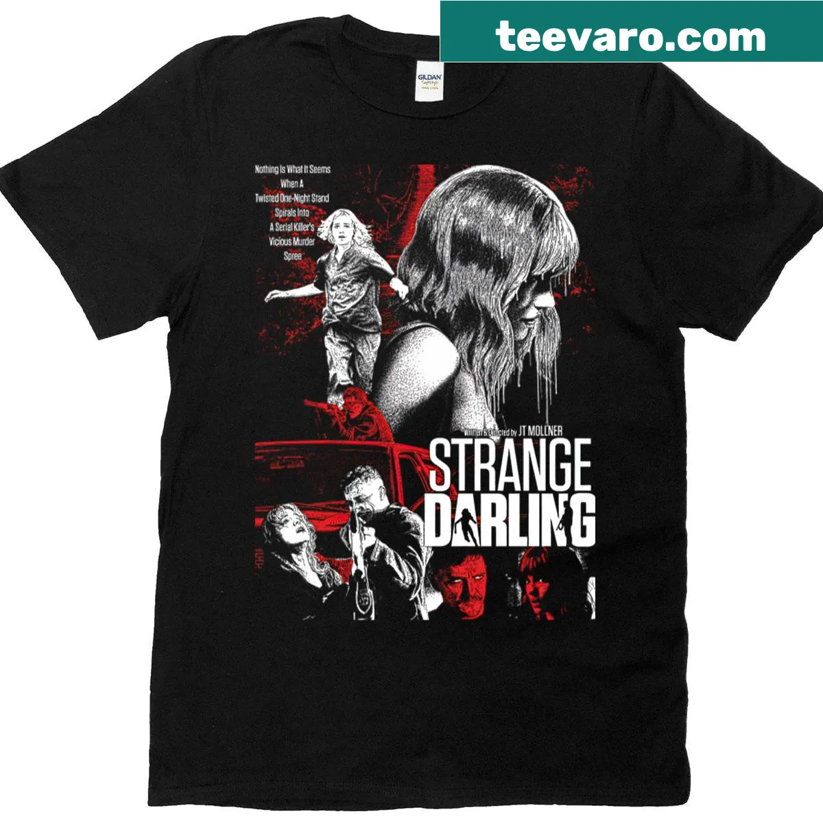 Intriguing design inspired by the film Strange Darling for movie lovers. — on a men's t-shirt