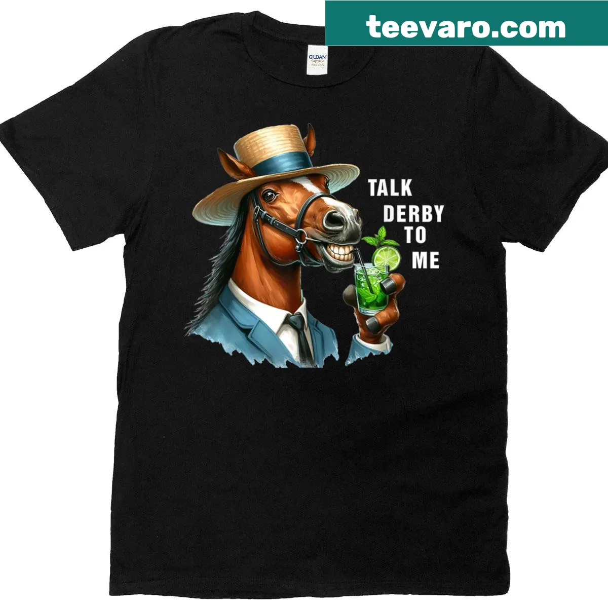 Funny horse racing t-shirt with the phrase 'Talk Derby To Me' — on a men's t-shirt