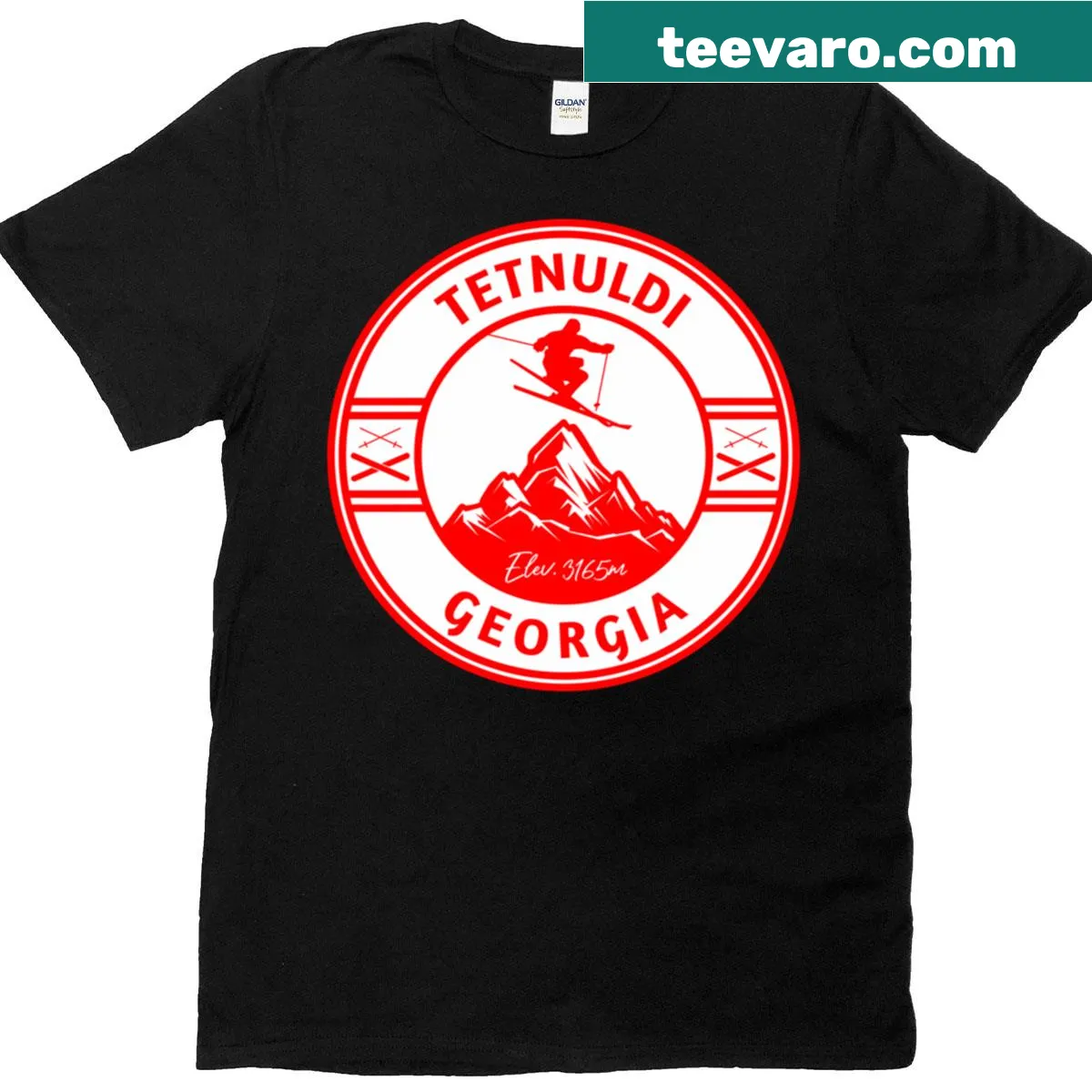 Tetnuldi Georgia ski t-shirt with bold text design — on a men's t-shirt