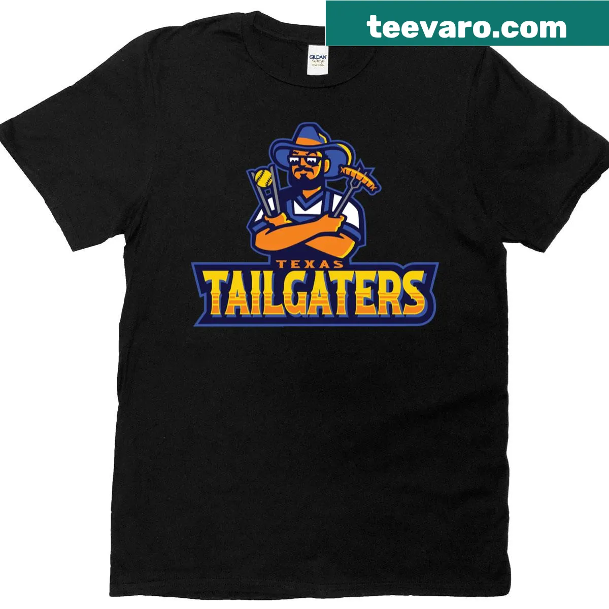 Vintage distressed Texas tailgaters t-shirt with BBQ and sports theme — on a men's t-shirt