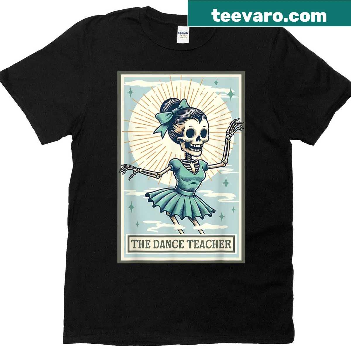 Illustrative T-shirt featuring a skeleton dance teacher in tarot card style — on a men's t-shirt