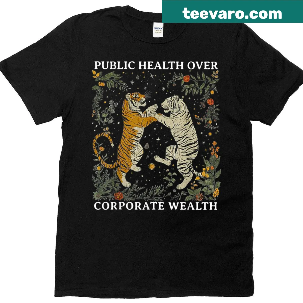 T-shirt advocating for public health over corporate wealth — on a men's t-shirt