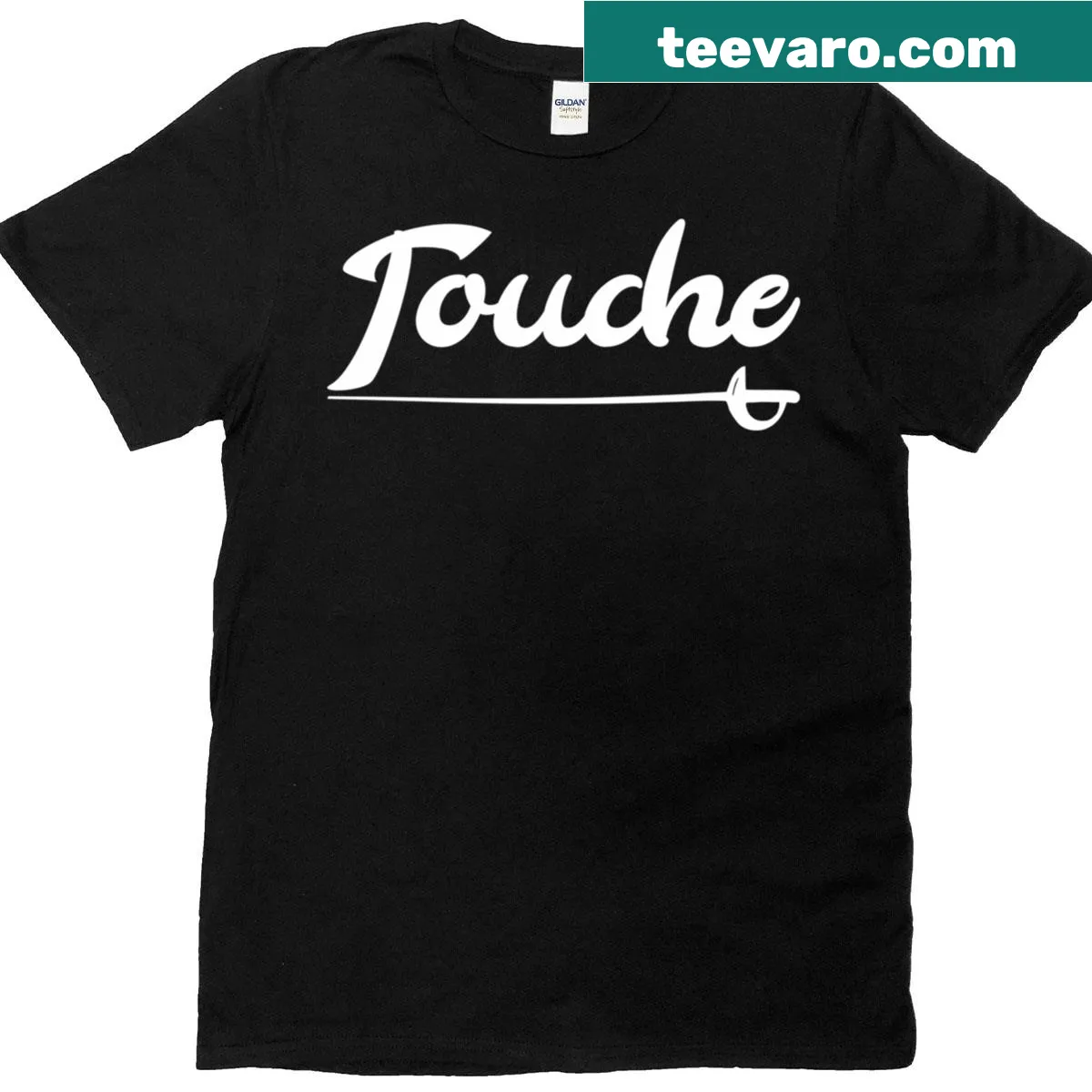 Oversized fencing-themed t-shirt with playful graphic and words — on a men's t-shirt