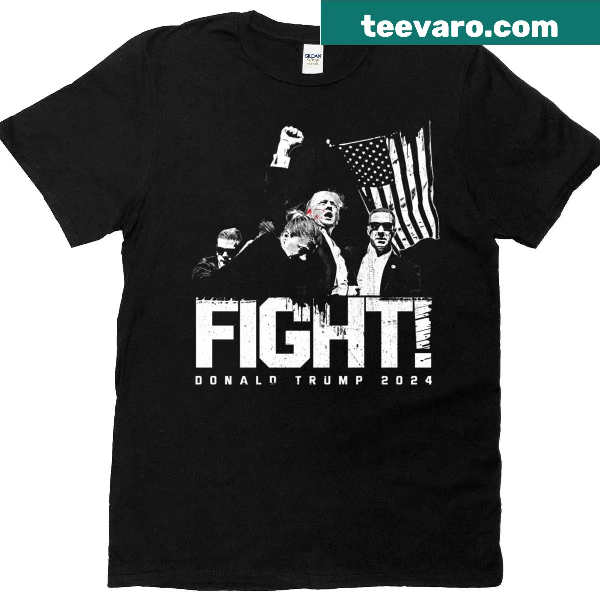 Political graphic T-shirt with rally scene and assassination theme. — on a men's t-shirt