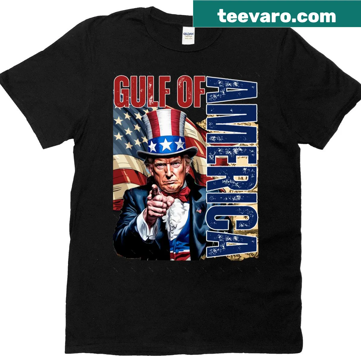 Funny oversized T-shirt with Gulf of America and Trump graphic. — on a men's t-shirt