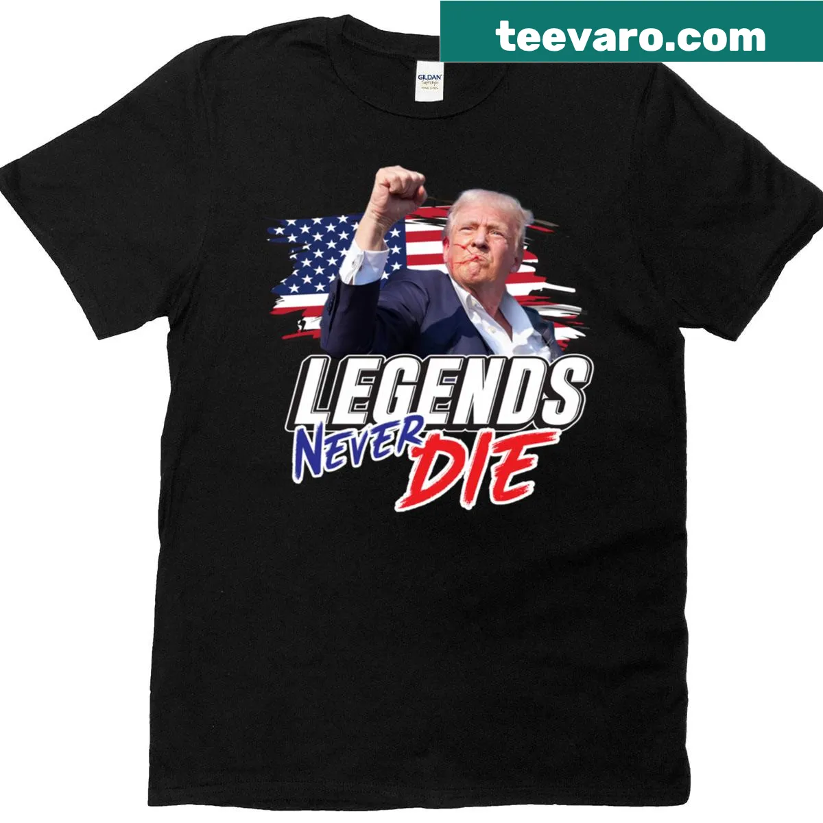 Typography t-shirt featuring Legends Never Die with Trump design — on a men's t-shirt