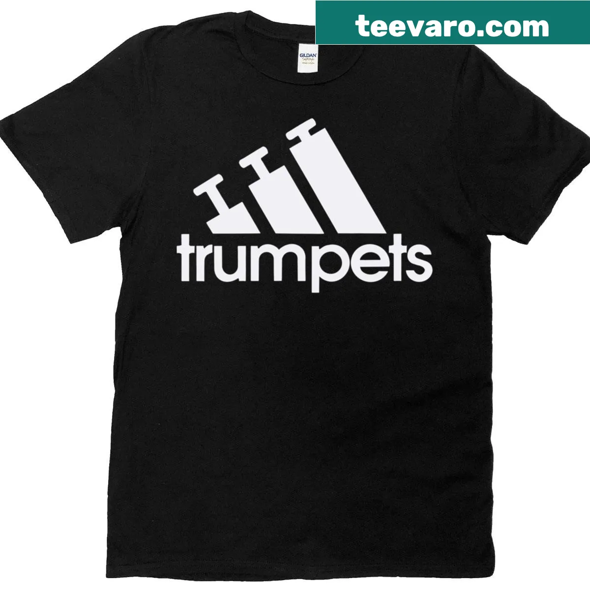 T-shirt with a stylized trumpet logo — on a men's t-shirt