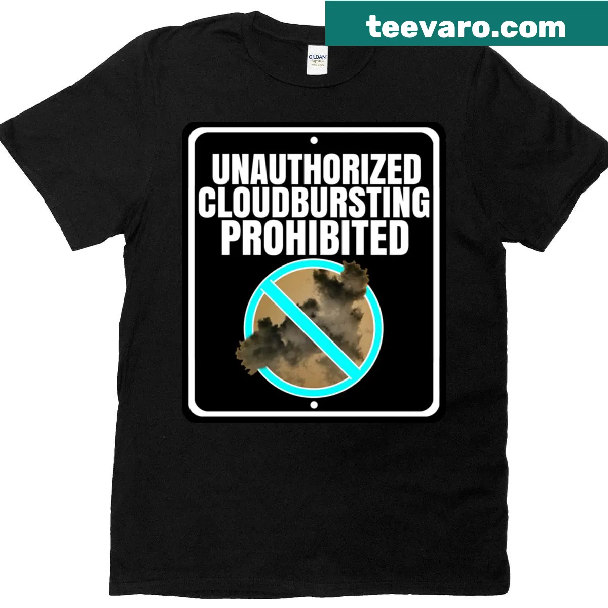 Oversized T-shirt with humorous cloudbursting graphic — on a men's t-shirt