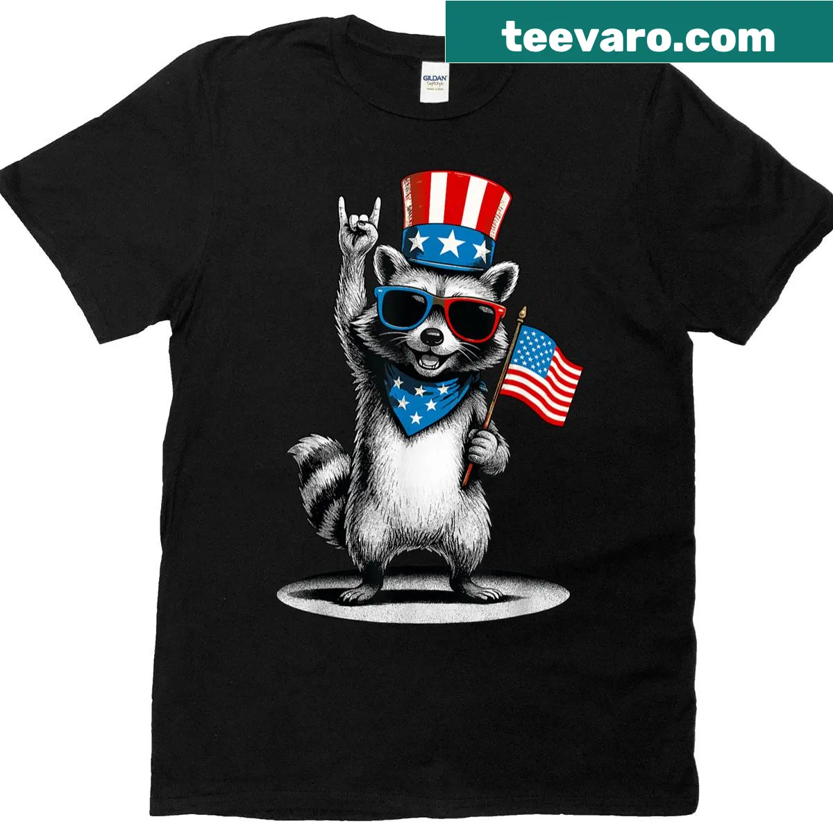 Funny patriotic raccoon design for Fourth of July T-shirt — on a men's t-shirt