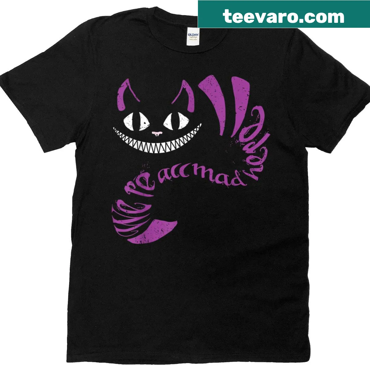 Alice in Wonderland quote t-shirt featuring the Cheshire Cat design — on a men's t-shirt