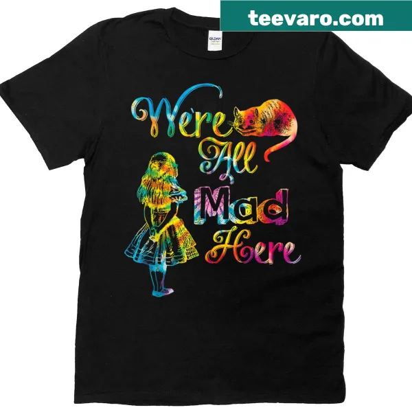T-shirt featuring a whimsical Cheshire Cat graphic from Alice in Wonderland.