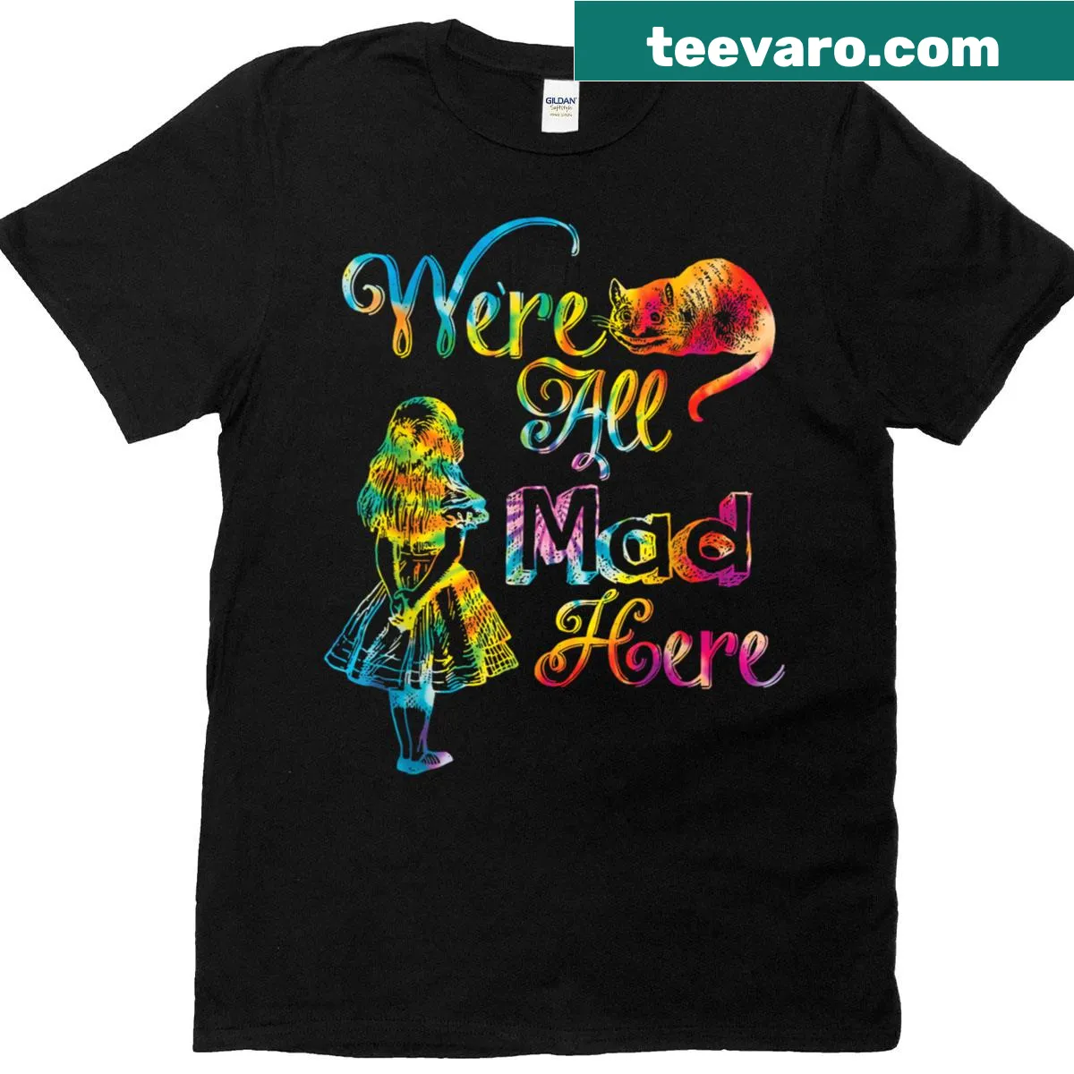 T-shirt featuring a whimsical Cheshire Cat graphic from Alice in Wonderland. — on a men's t-shirt