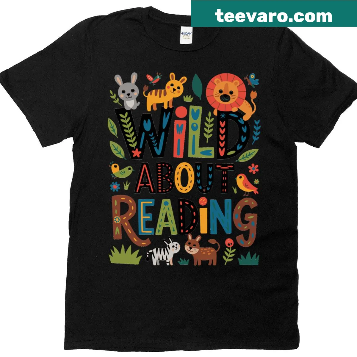 Cute zoo animals and books graphic T-shirt for kids — on a men's t-shirt