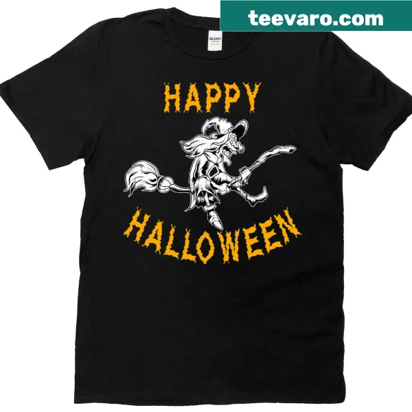 Charming T-shirt with a witch flying on a broomstick for Halloween.
