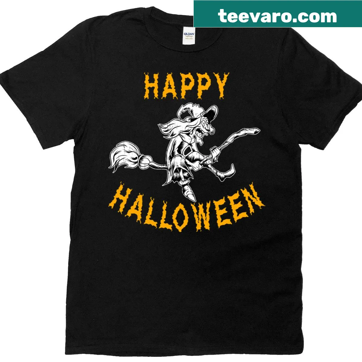 Charming T-shirt with a witch flying on a broomstick for Halloween. — on a men's t-shirt