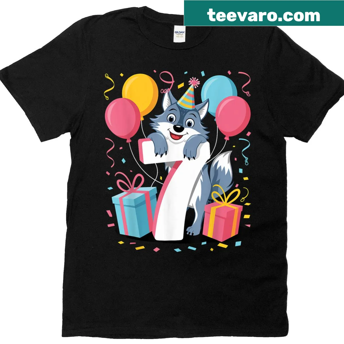 Fun wolf design T-shirt for a child's 7th birthday — on a men's t-shirt