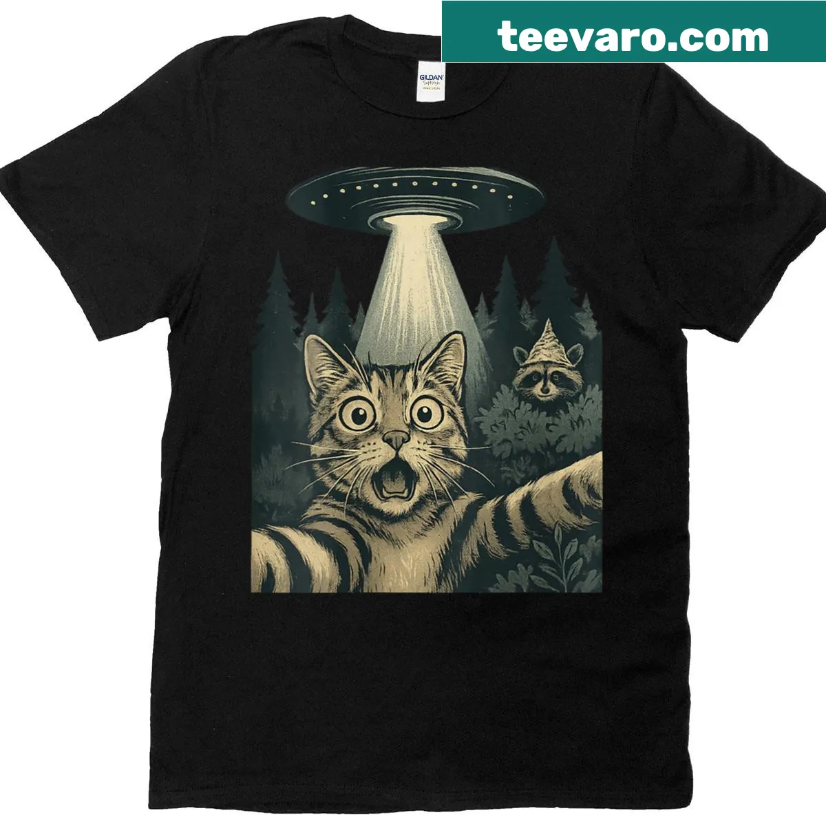 Whimsical T-shirt featuring alien cat and UFO design — on a men's t-shirt