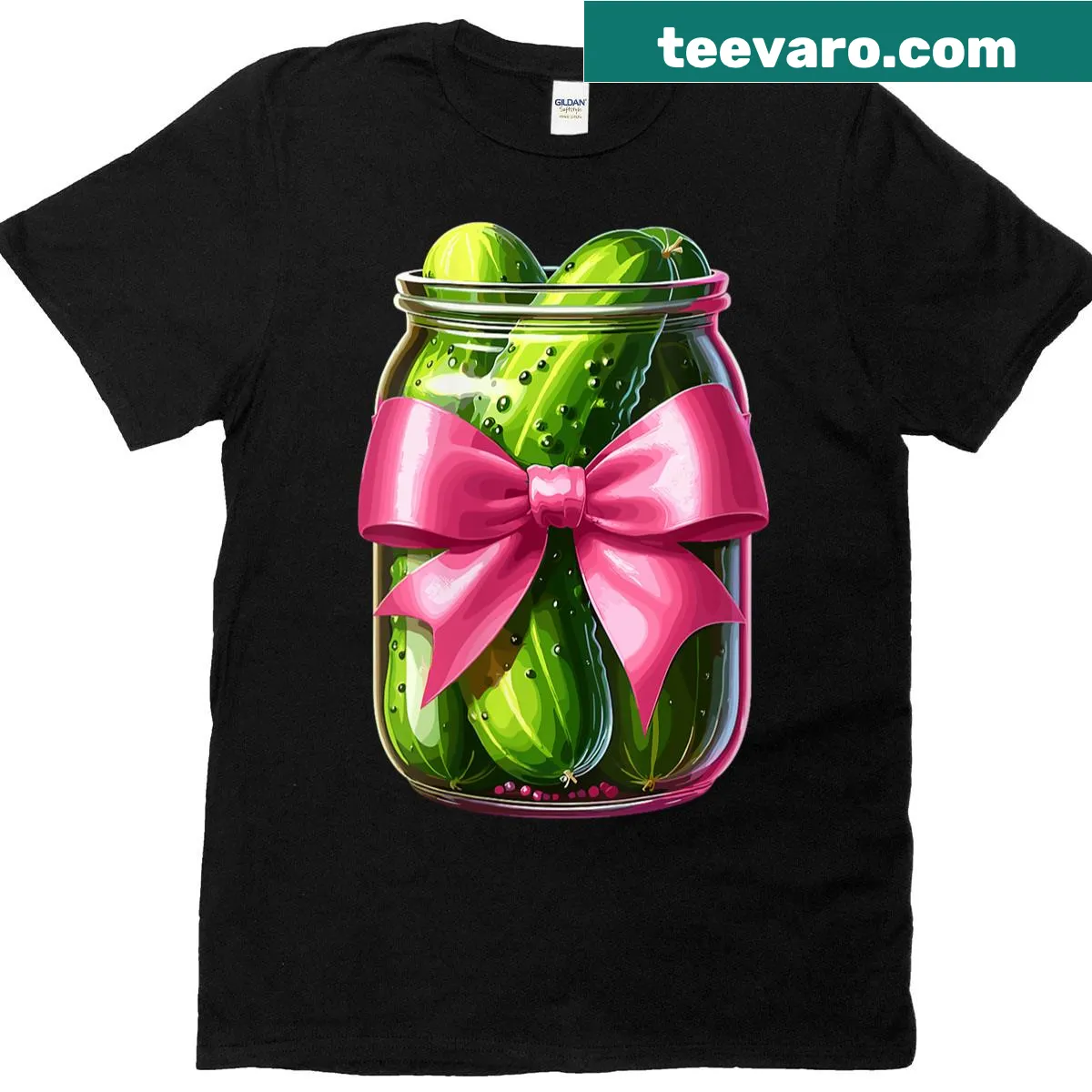 Cute T-shirt featuring a pickle jar with bows for women and kids — on a men's t-shirt