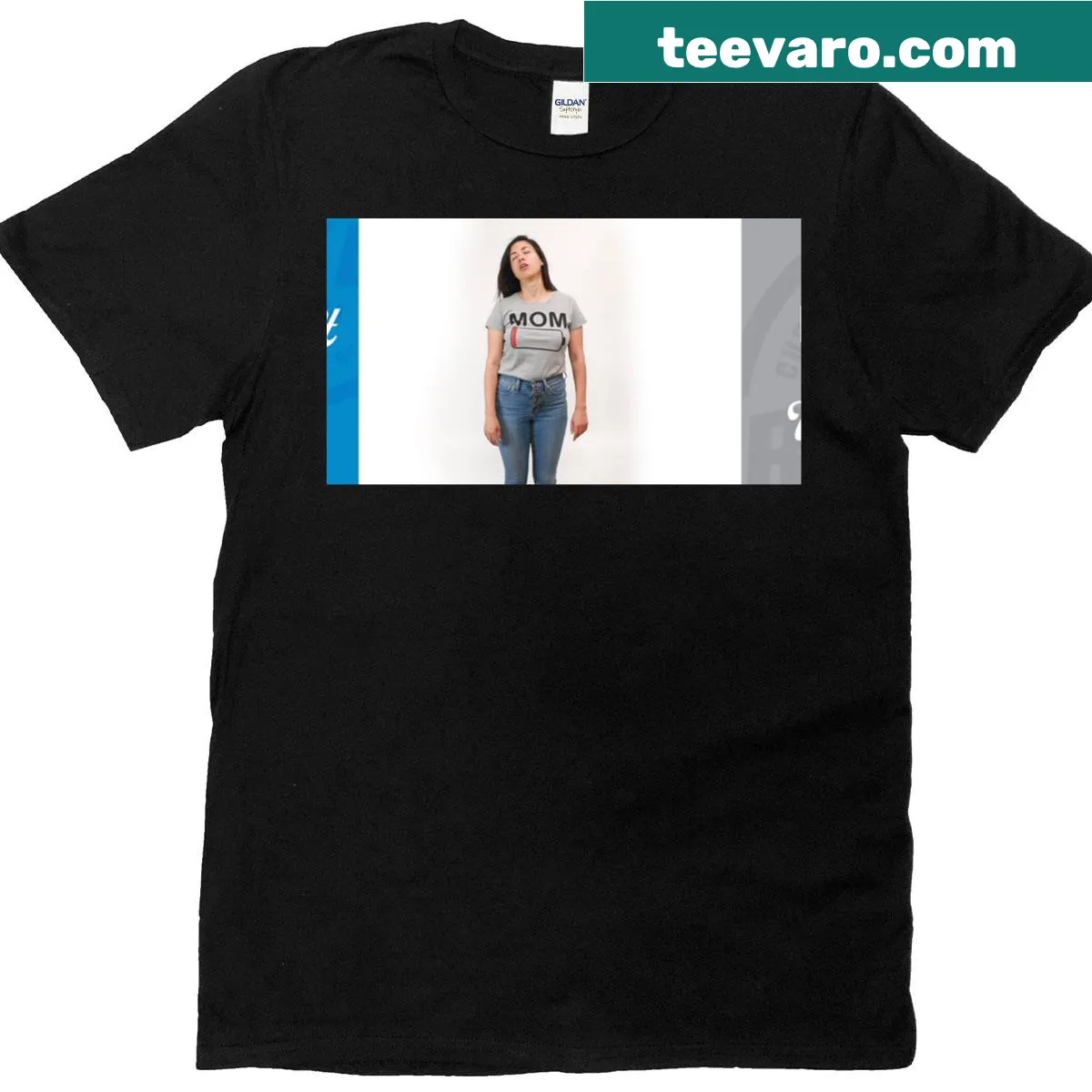 Funny 'Mom Battery Low' t-shirt for tired mothers — on a men's t-shirt