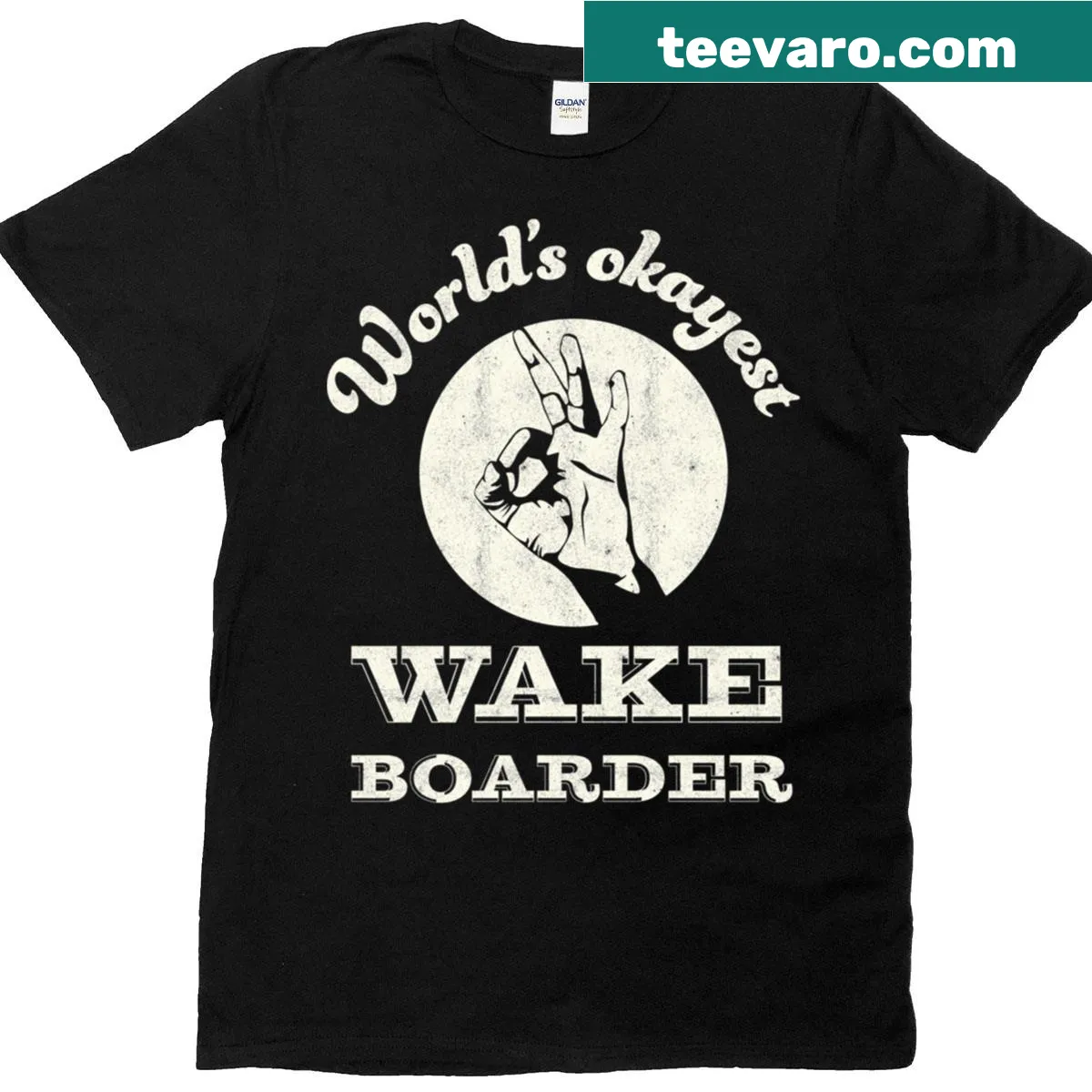 Funny 'World's Okayest Wake Boarder' t-shirt — on a men's t-shirt