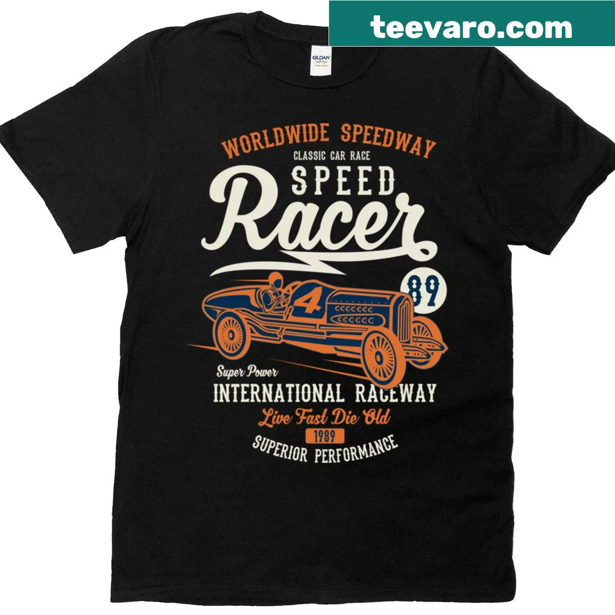 Dynamic car race T-shirt with bold emblem design — on a men's t-shirt