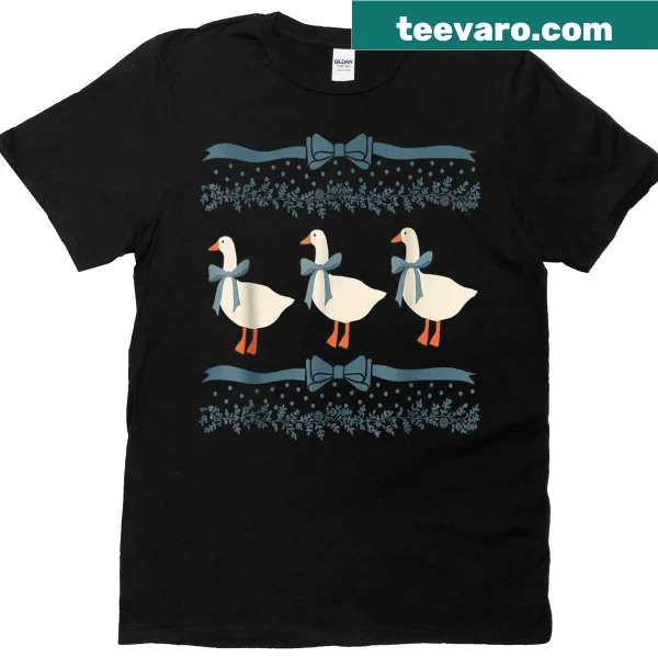 Whimsical blue ribbon goose illustration on a t-shirt