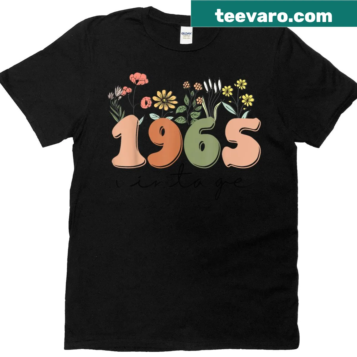 Vintage 60th birthday T-shirt with wildflower design and 1965 text — on a men's t-shirt
