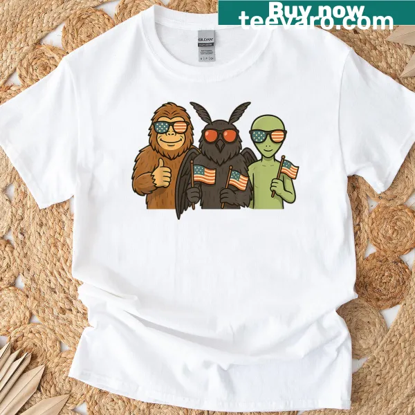 Fourth of July t-shirt featuring Alien, Bigfoot, Mothman, and American flag