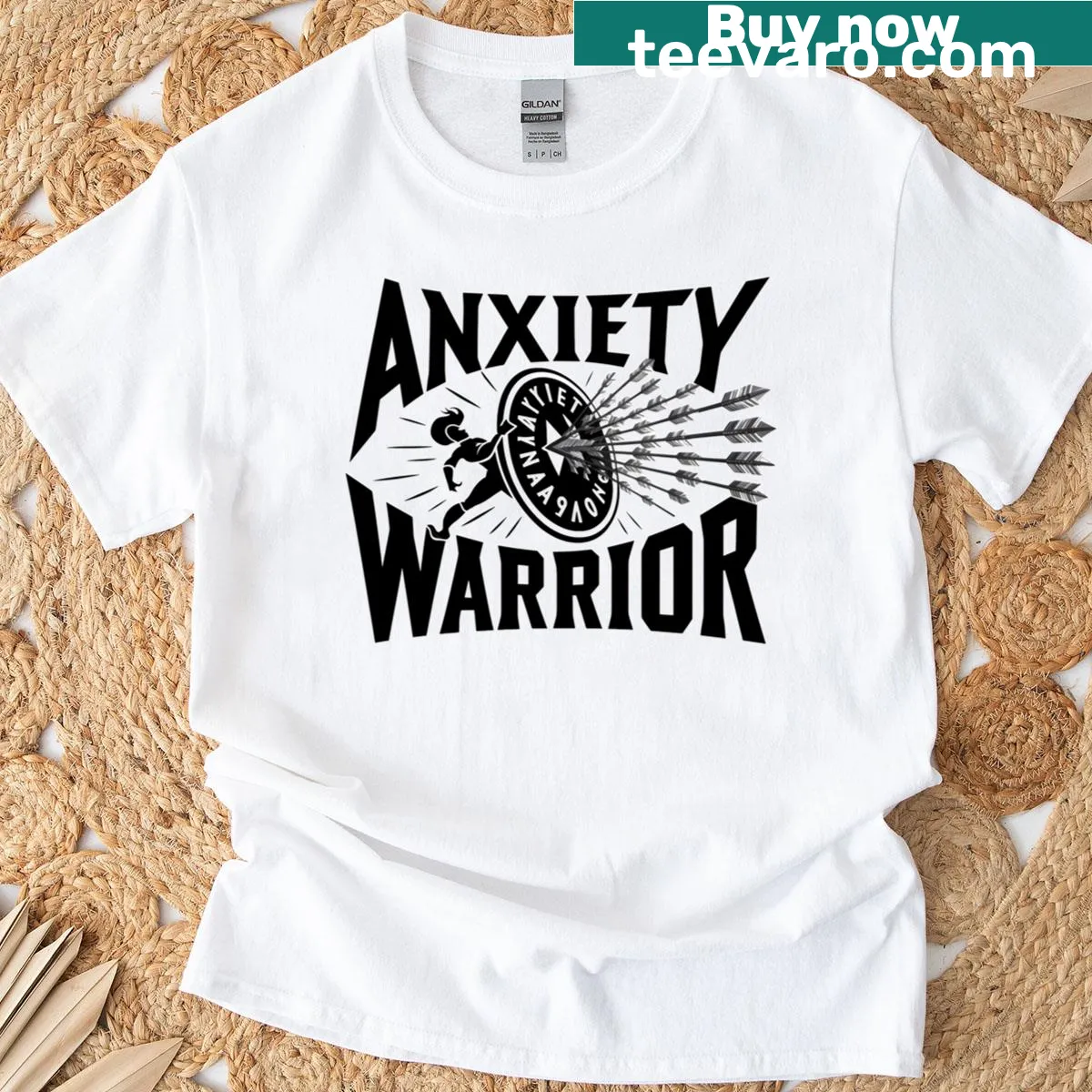 T-shirt featuring a warrior symbolically defending against mental arrows — on a men's t-shirt