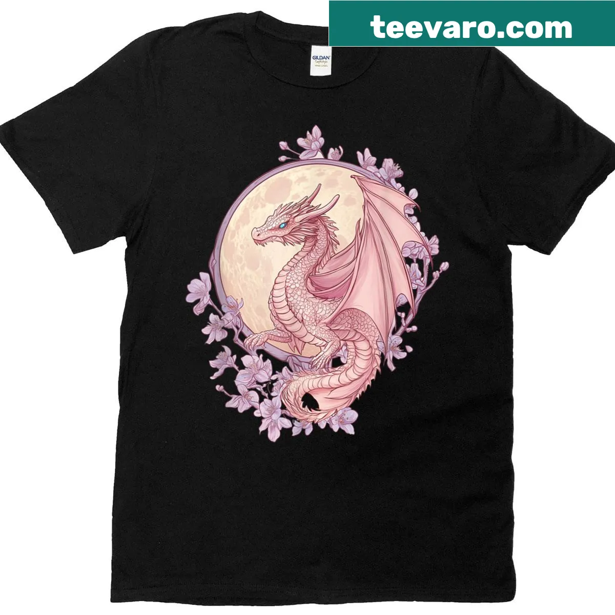 Art Nouveau illustration of a pink dragon surrounded by cherry blossoms — on a men's t-shirt