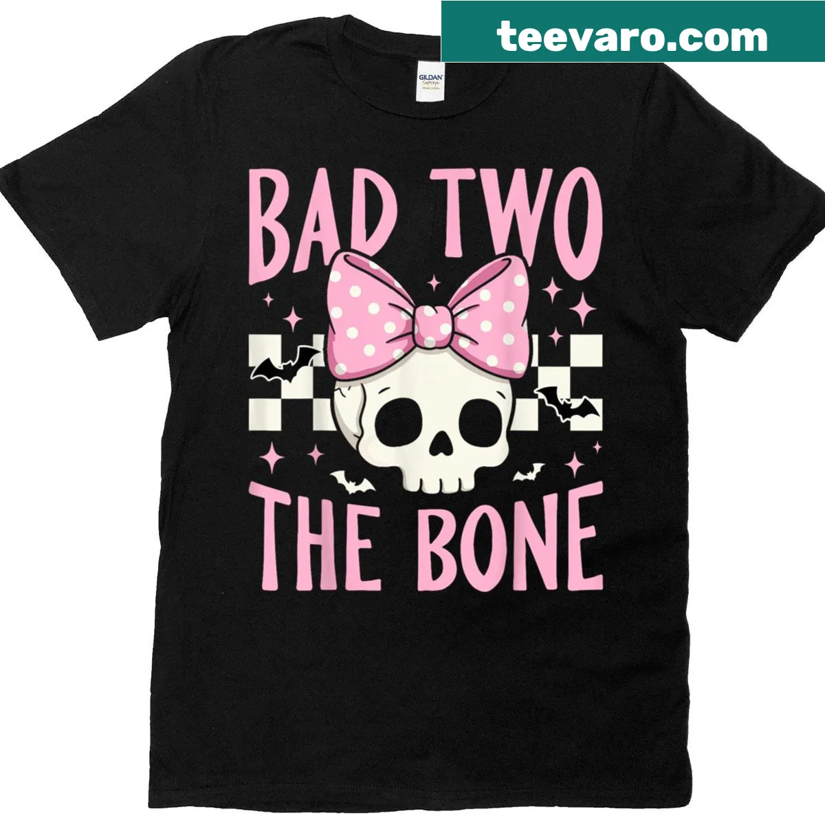 Skull with pink bow Halloween T-shirt — on a men's t-shirt