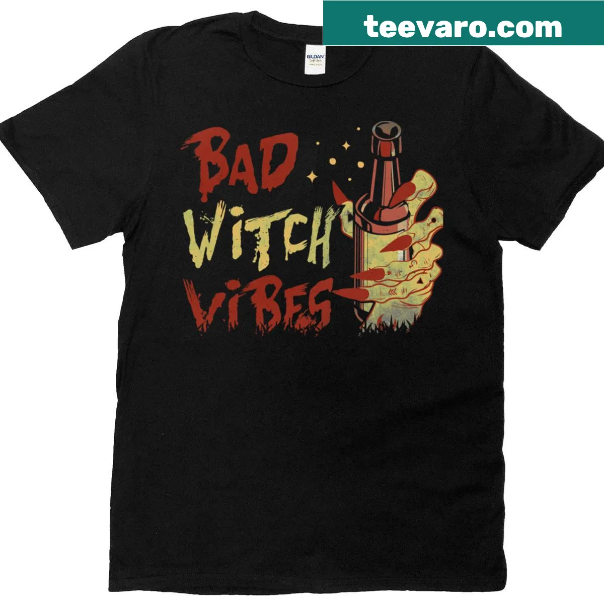 Funny Halloween T-shirt with 'Bad Witch Vibes' text — on a men's t-shirt